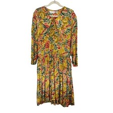 Vintage Floral Drop Waist Dress Yellow M Retro Boho Indie Festival Cottage Artsy