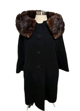 Vintage Classic Womens Black Dress Coat Brown Fur mink Collar Swing