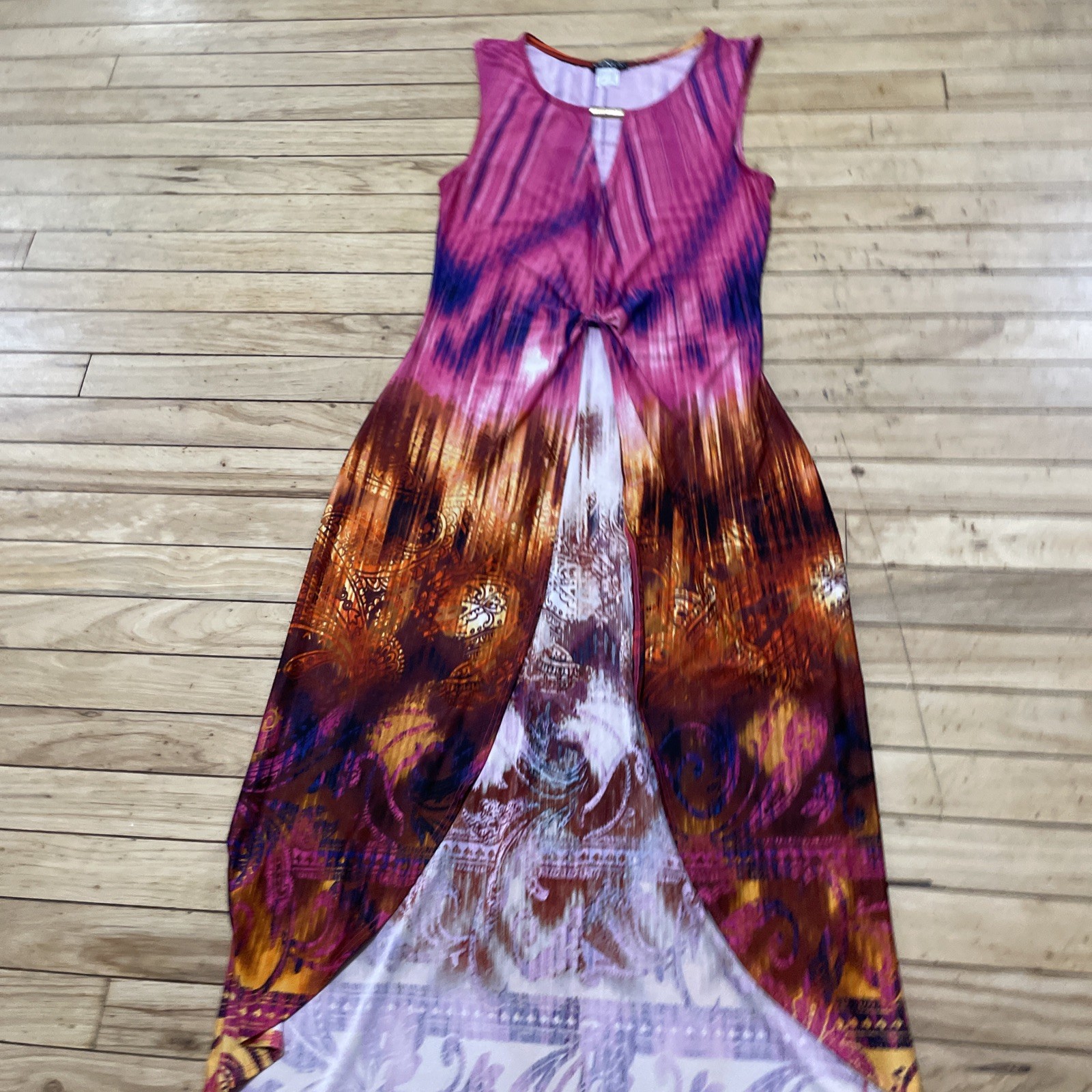 Venus Hi Low Top Woman M Pink Abstract Paisley Midi Gold Keyhole Sleeveless Boho