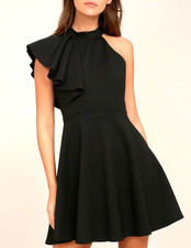 LULUS Black STRETCH Ponte Knit ONE-SHOULDER Zip FIT & FLARE Skater Dress Sz S