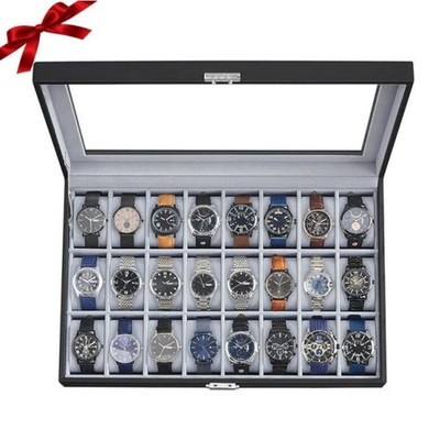  24 Slots Watch Box PU Leather Watch Case Organizer Watch Display Case Lockable 