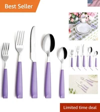Elegant 20-Piece Stainless Steel Flatware Set with Lilac Handles - Dishwasher...