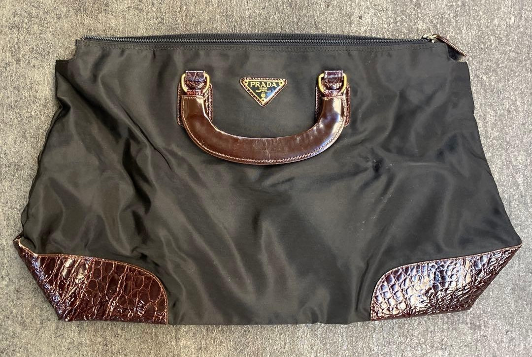 PRADA Tessuto Nylon Croc Embossed Leather Handle Tote Bag Black Vintage Used