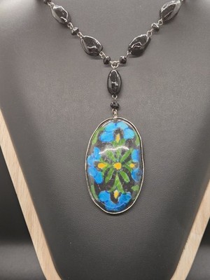 Floral Blue Green Teal Porcelain Shard Pendant Cobalt Glass Beaded Necklace 17 
