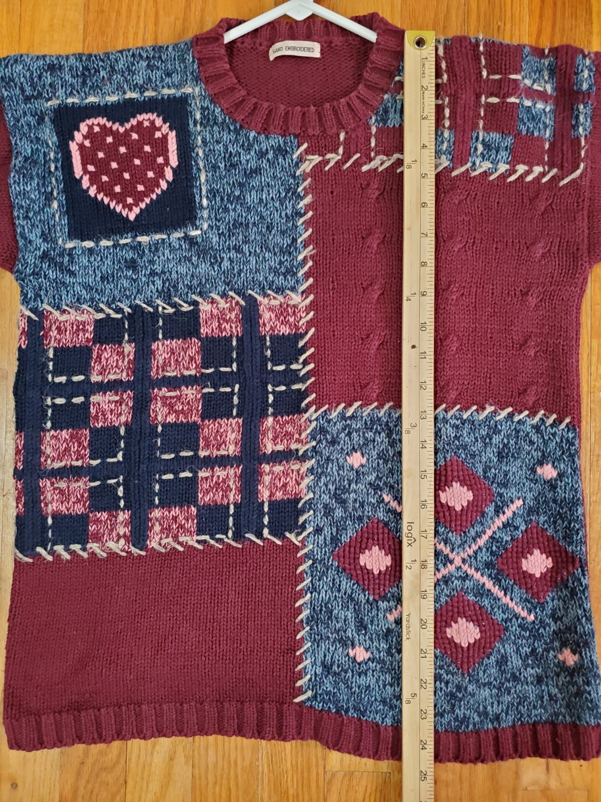 Hand Embroidered Sweater Patchwork Red Hearts Siz… - image 7