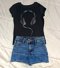GAP Girls Outfit 7 Black Graphic Tee Denim Jean Shorts Music Studded 2pc