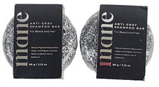 LOT OF 2 Mane Anti-Grey Shampoo Bar Mens Hair & Beard Wash, Bamboo Charcoal 60g