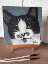 Chat noir et blanc aux yeux dorés Peinture à l'huile originale 8 par 8