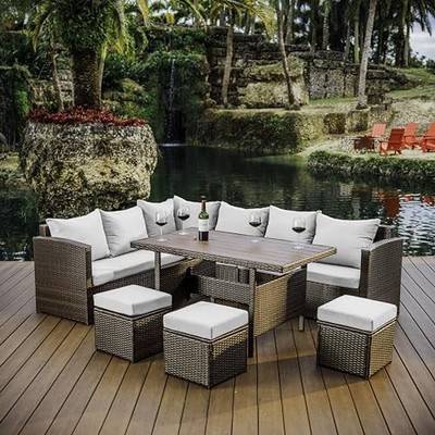 NESTL WICKER OUTDOOR FURNITURE SET - 7 PIECE - - BROWN FRAME/OFF WHITE CUSHIONS