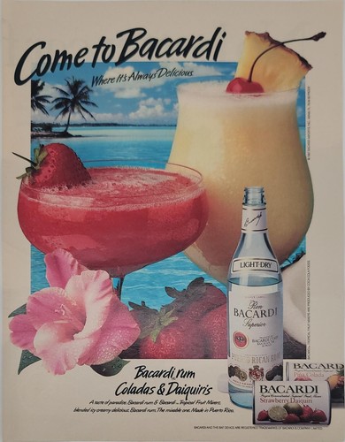 1987 Bacardi Rum Coladas & Daiquiris Drink Print Ad - Come to Bacardi