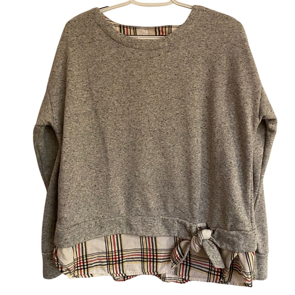 Izod 2-in-1 Sweatshirt Over Plaid Shirt Gray Red Cream Cotton Blend Sz XL - Image 4 of 4