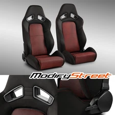 2 x Universal Black+Red Mesh Fabric Reclinable Racing Seats Left/Right W/Slider