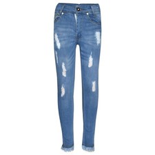 Girls Skinny Jeans Kids Light Blue Denim Ripped Stretchy Pants Trouser Jeggings