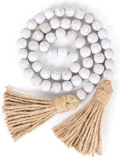 Wood Beads Garland, Farmhouse Tassel Garland, 39 In/Wash White