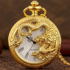 Dragon Love's Pocket Watch White Roman Dial Gold Tone with Necklace Chain Gift