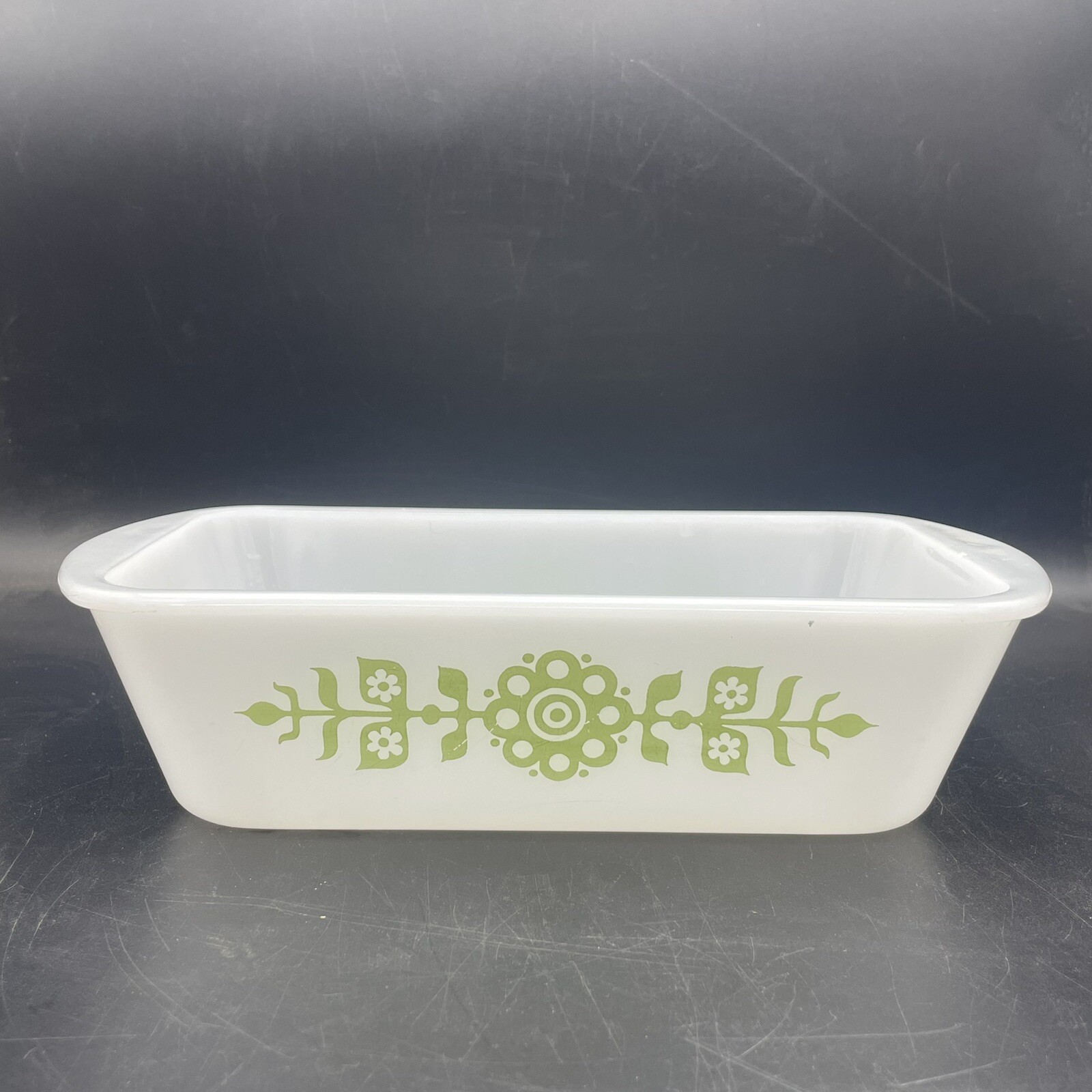 Glasbake Milk Glass 1 1/2 Quart Ovenware Loaf Pan Green Floral