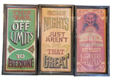3x VTG 1970s MOD GROOVY Bar Sign SET 8''x15.5'' Man Cave Devilish FUNNY
