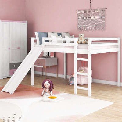 Full Size Wood Loft Bed with Slide and Ladder Multifunctional Loft Bed w/ Rails