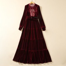 Womens Dress Hollowed Out Embroidered Long Sleeve Wine Red Velvet Princess Dress