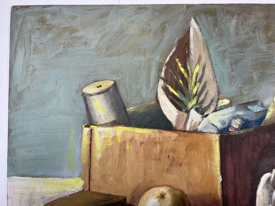 "Caja de bodegón arte popular pintura al óleo sobre lienzo de colección sobre escritorio 16x20"" arte dañado" Foto 2 de 4