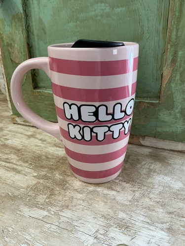 Brand New Sanrio Hello Kitty 16oz Travel Coffee Mug with Lid – Pink Stripes - Picture 2 of 8