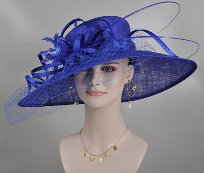 Royal Blue Wide Brim Sinamay Hat Church Kentucky Derby Hat  display picture 1