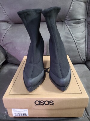 ASOS DESIGN Women Black Ankle Sock Rebound fly knit Chunky Boots Size US 