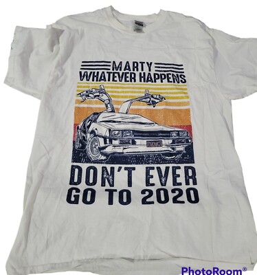 Gildan Back to the Future T Shirt Adult L White Crew Tee Don't Ever go to 2020 