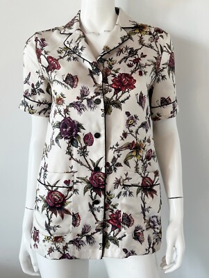 Christian Dior Chez Moi Silk Twill Floral Blouse Button Up Top Ivory Size 2