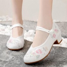 Womens Chinese Embroidered Pumps Floral Block Heels Ethnic Retro Round Toe Shoes