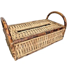 Bamboo Tissue Box Cover Handles Wicker Rattan 10.5" Inch MCM Mid Century Vintage