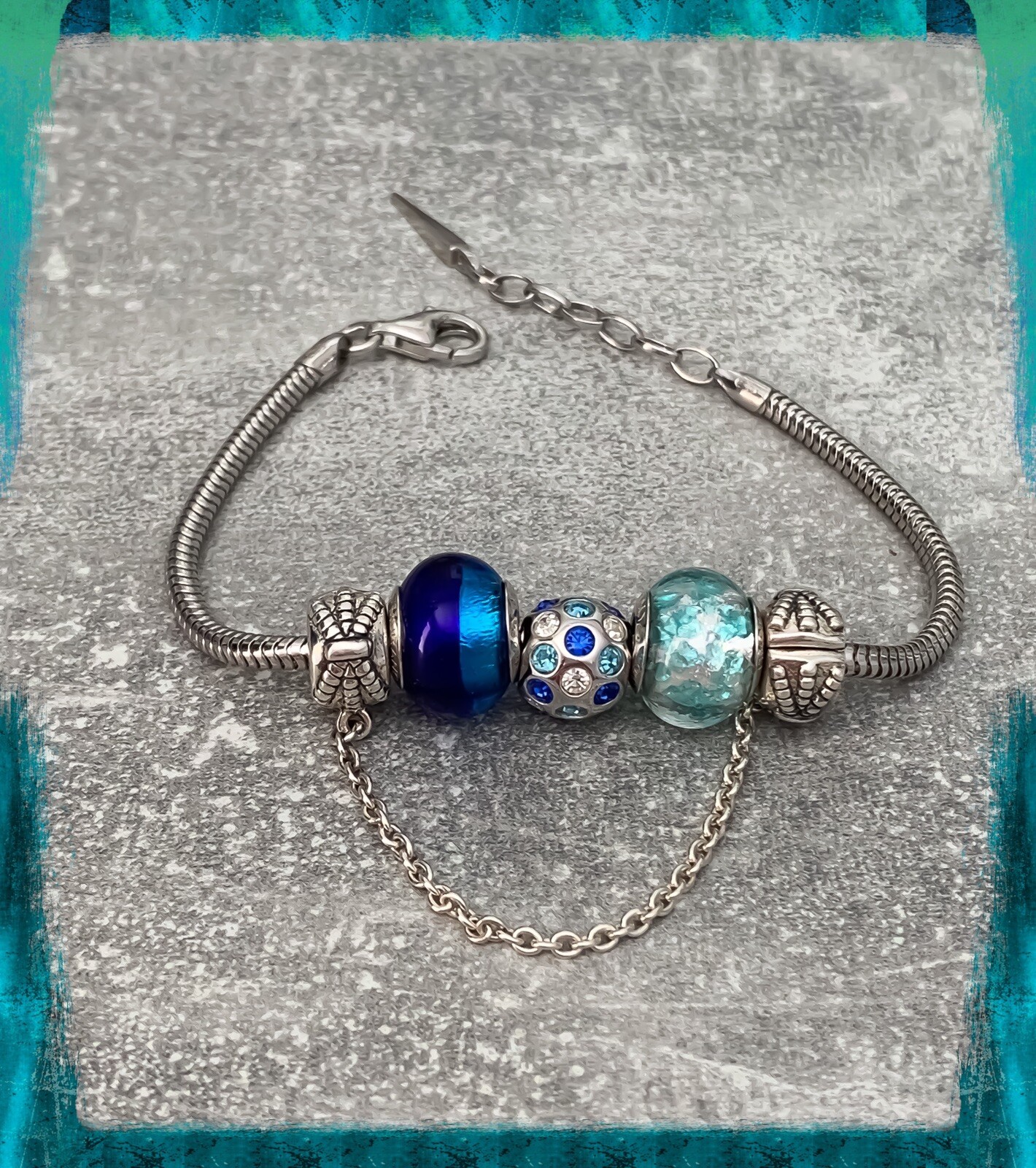 Bracelet charms en verre de Murano bleu anti-ternissement argent rhodié