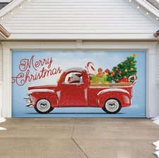 Christmas Garage Door Decoration Banner  Merry Christmas Theme Red Truck
