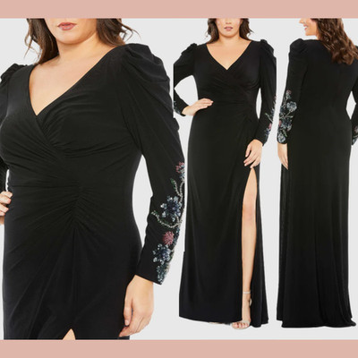 NEW MAC DUGGAL [ 20W ] 68123 Embellished Long Sleeve Faux Wrap Gown Black S1564