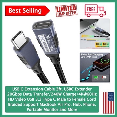 USB C Male to Female Extension Cable 3ft - 20Gbps Data & Charge Up to 240W