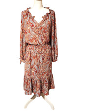 Talbots Dress Split Neck 3/4 Tie Sleeves Lined Sprinkle Paisley Red Womens XL