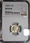 NGC MS-64 FSB 1938-D Mercury Dime, Razor-Sharp, Frosty specimen.