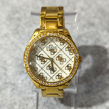 GUESS Women's Analog Gold Tone Bracelet Watch White Logo Dial Gem-Set Bezel