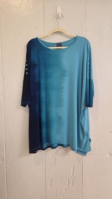 Clara Sun Woo Blue Ombre Dip Dye Tunic Top Blouse Size XL Lagenlook Relaxed 