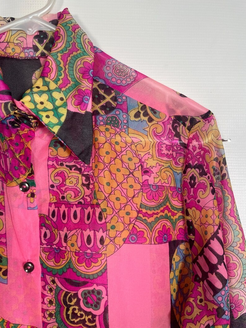 Vintage 70's Sheer Patchwork Print Dagger Collar … - image 7