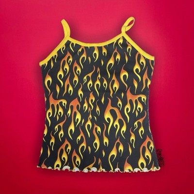 Y2K Deadstock Black Fames Graphic Yellow Ringer Tank Top Size Medium