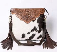 Cowhide Leather Western Shoulder Bag with Fringe, Tooled Floral, Detachable Str  