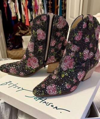 Betsey Johnson SB-DIVAF Black Floral Rhinestone Ankle Bootie Leather Zip 8