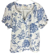 LUCKY BRAND Shirt Size Medium White Blue Popover Beach Spring Summer Cotton
