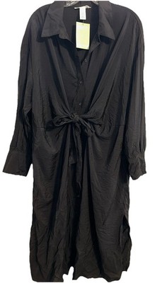 H&M Black Oversized Fit Midi Shirt Dress Button Front Collar M Side Slits NWT
