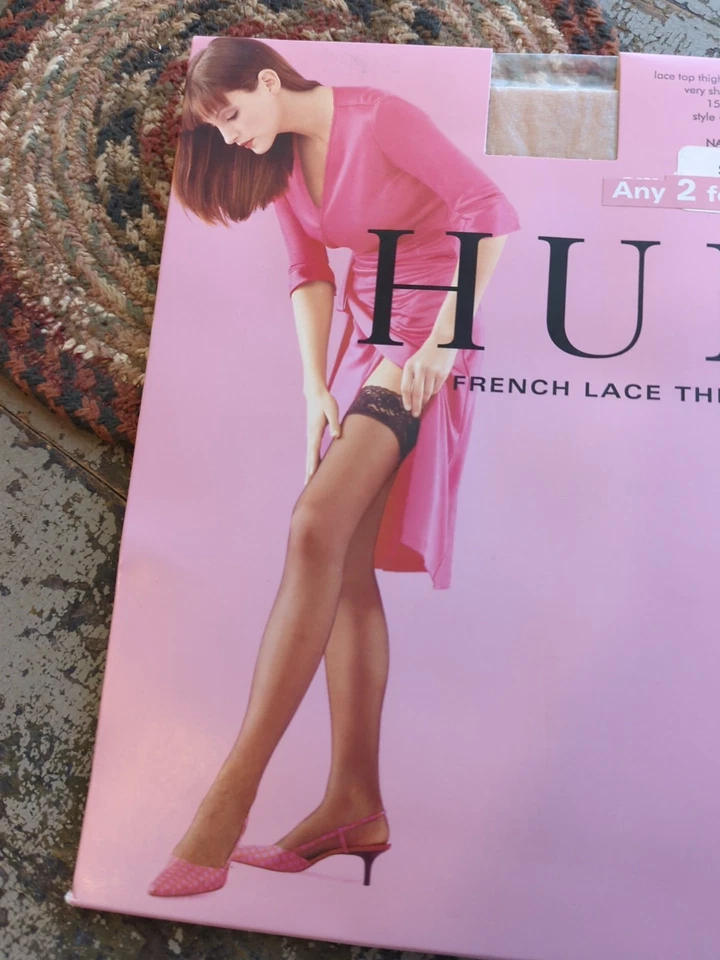 New HUE Womens French Lace Thigh High Stockings Very Sheer Leg Size 1 Natural - Image 2 of 4