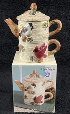 "Tea For One" Set Pot Mug 12oz Sonoma Knollwood Birch Birds Pine Cone Cardinal