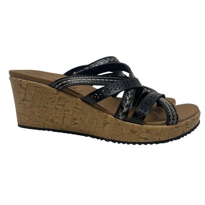 Skechers Cali Womens 9 Black Luxe Foam Wedge Sandals 31714 Strappy Cork Heel