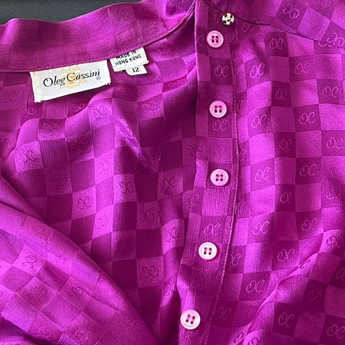 Camicetta vintage Oleg Cassini donna 12 seta viola stampa a quadri fiocco cravatta DIFETTO - Foto 9 di 15