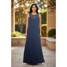 Nightway Navy Blue Illusion Mesh Neckline Sleeveless Formal Gown Dress Size 8